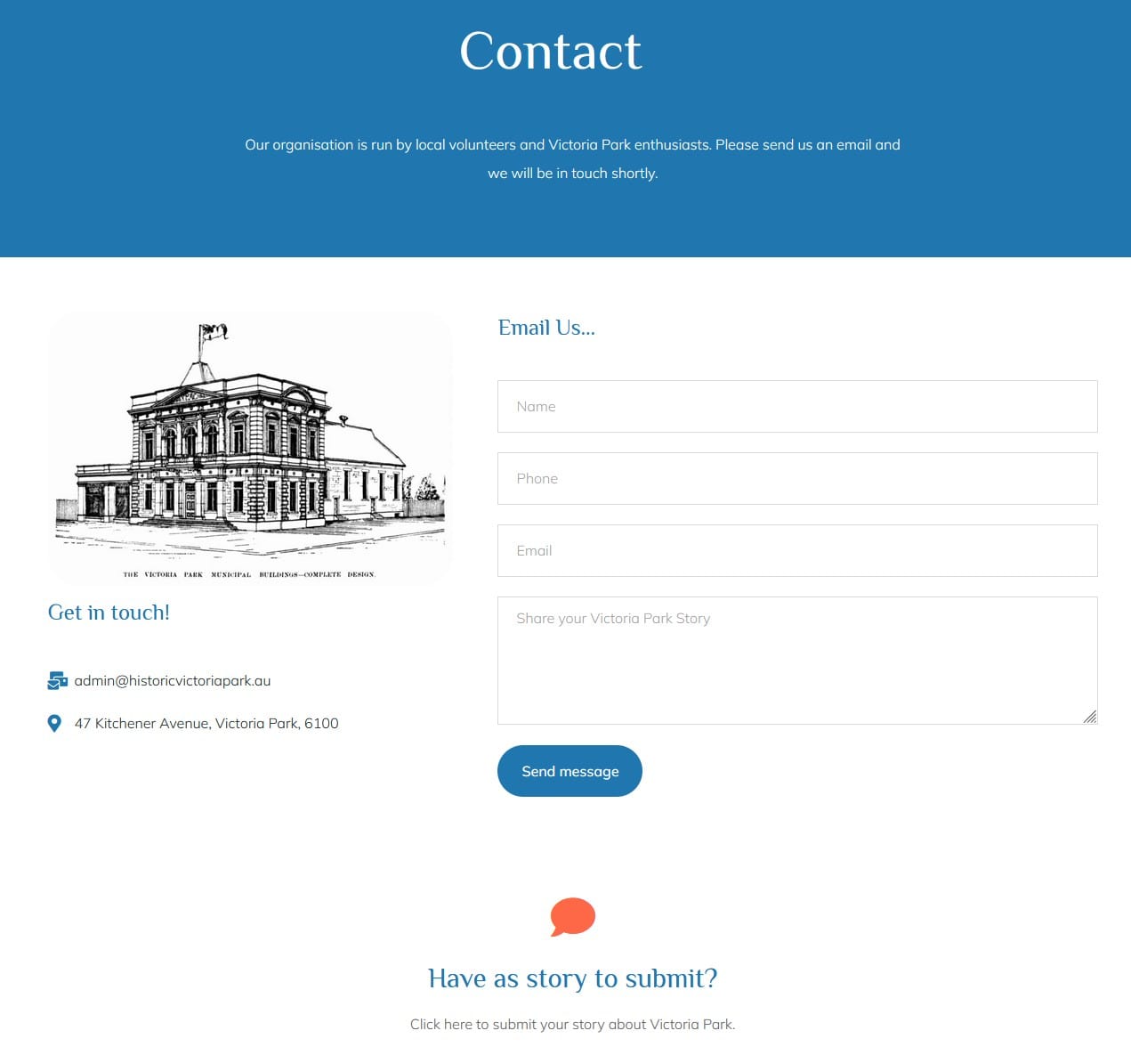 Screenshot of the contact page at Historic Victoria Park