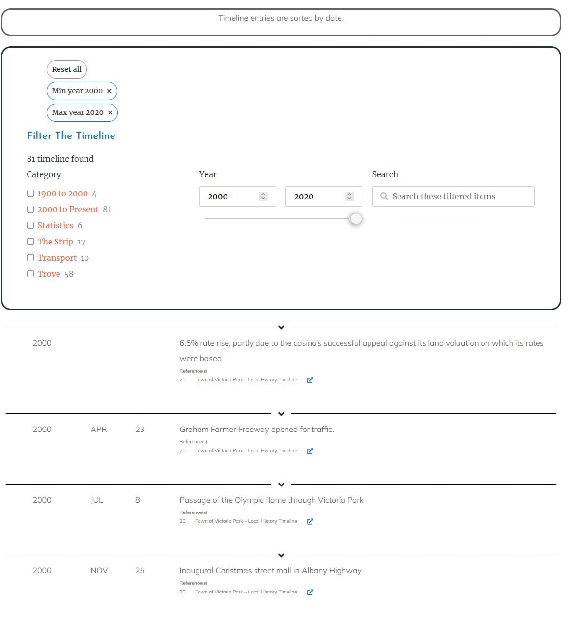 Screenshot of filters available to review the Victoria Park Timeline