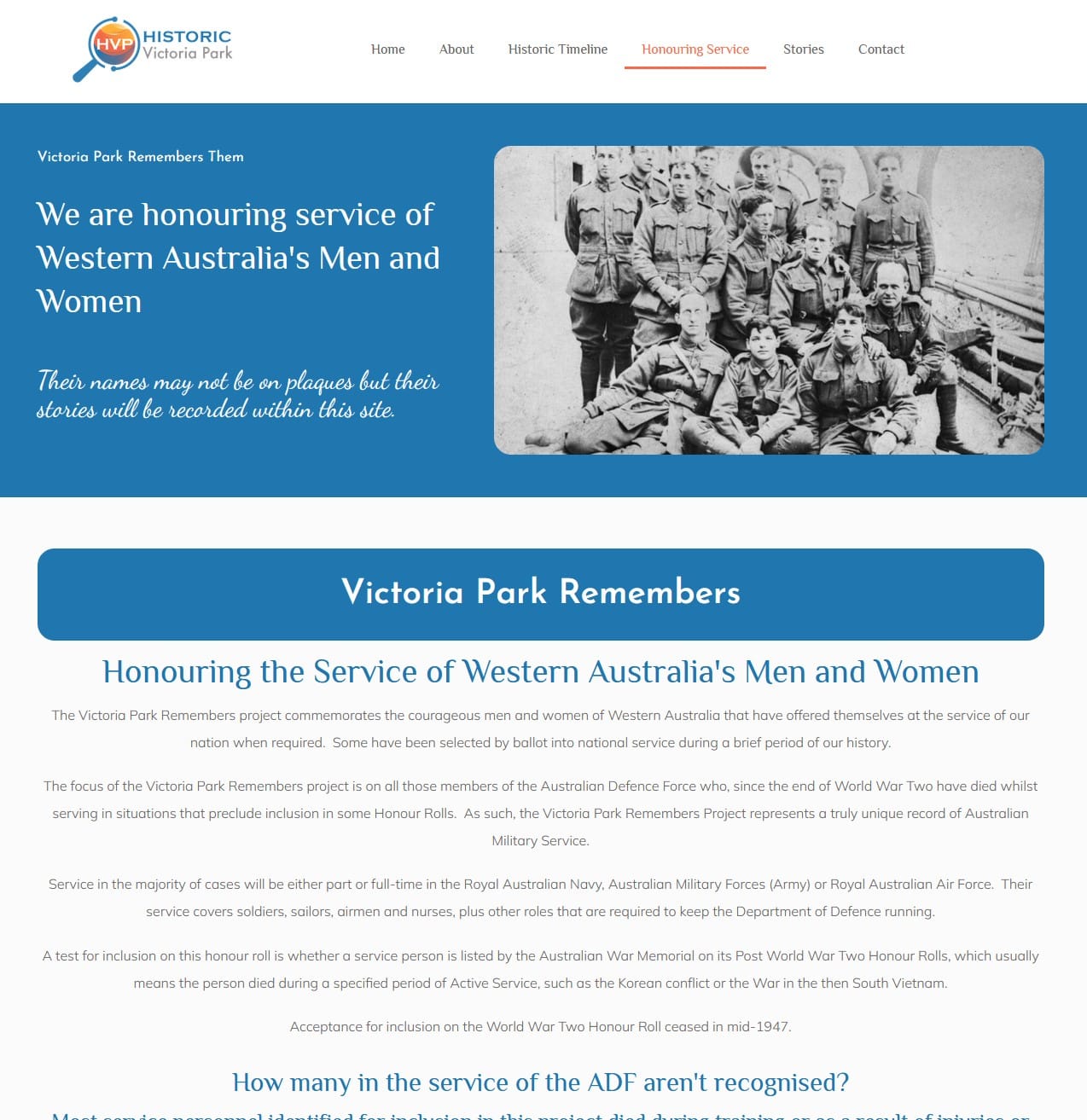 Screenshot of the Victoria Park Remembers Project on the HVP website