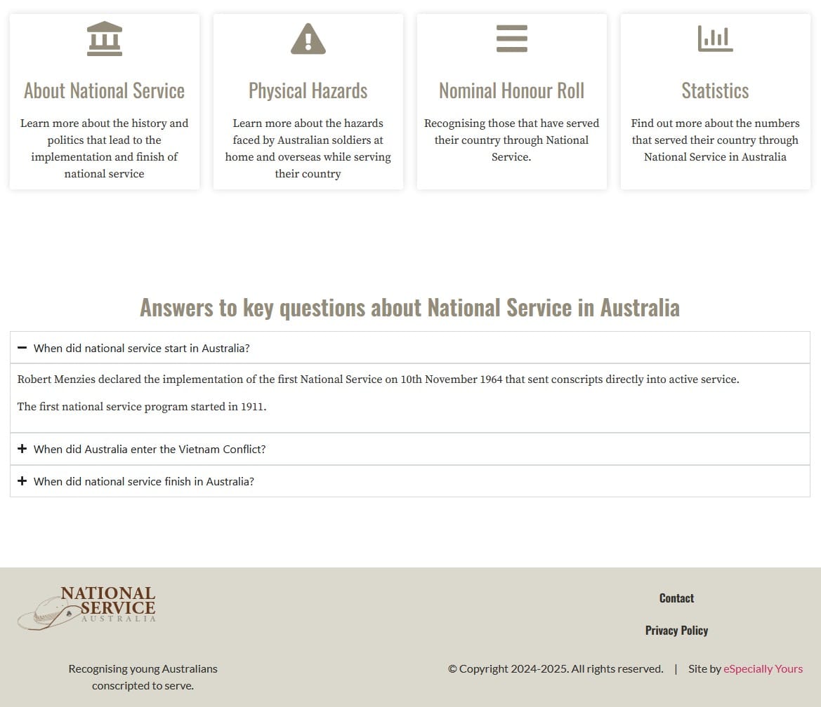 screenshot of navigation options and Q&A on NationalServiceAustralia.com
