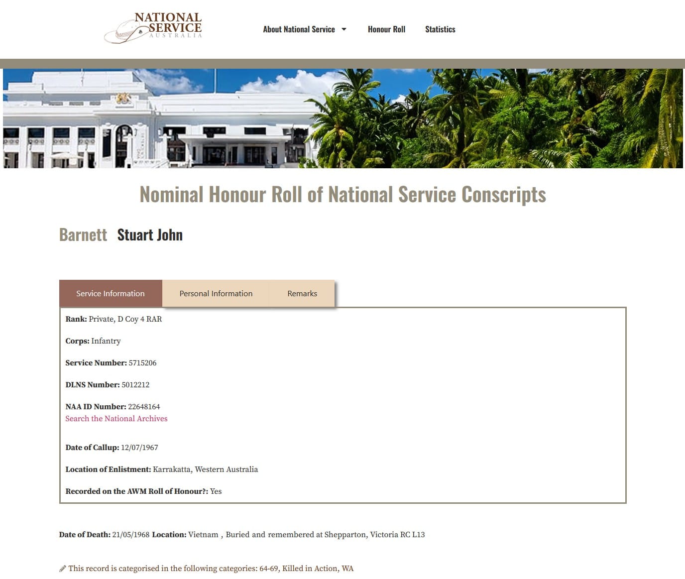 Screenshot of the servicepeerson records at National Service Australia.com