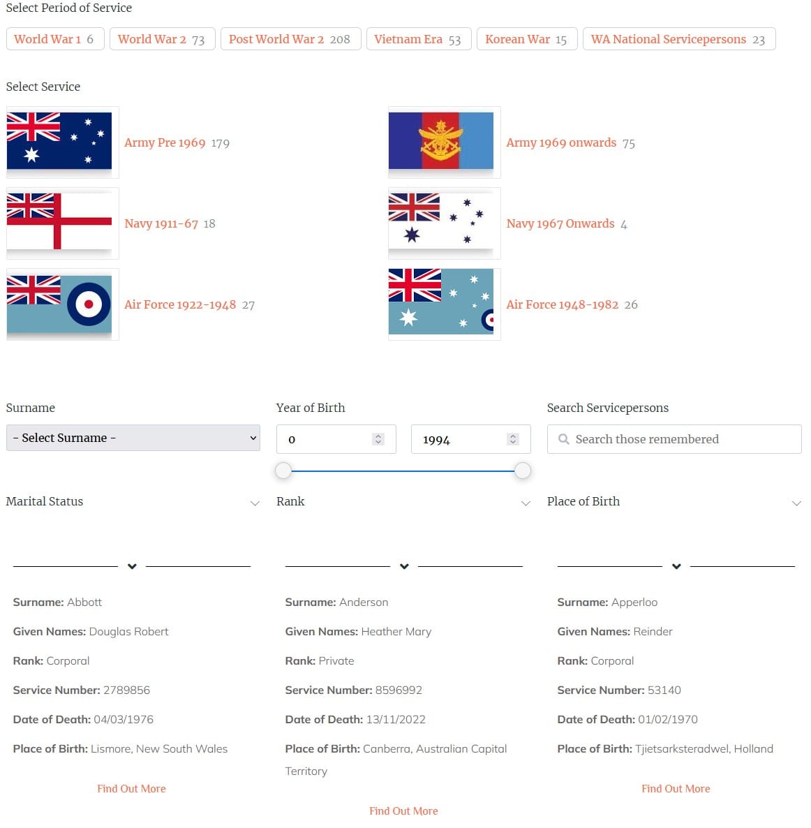 Screenshot of the available filters for Victoria Park remembers