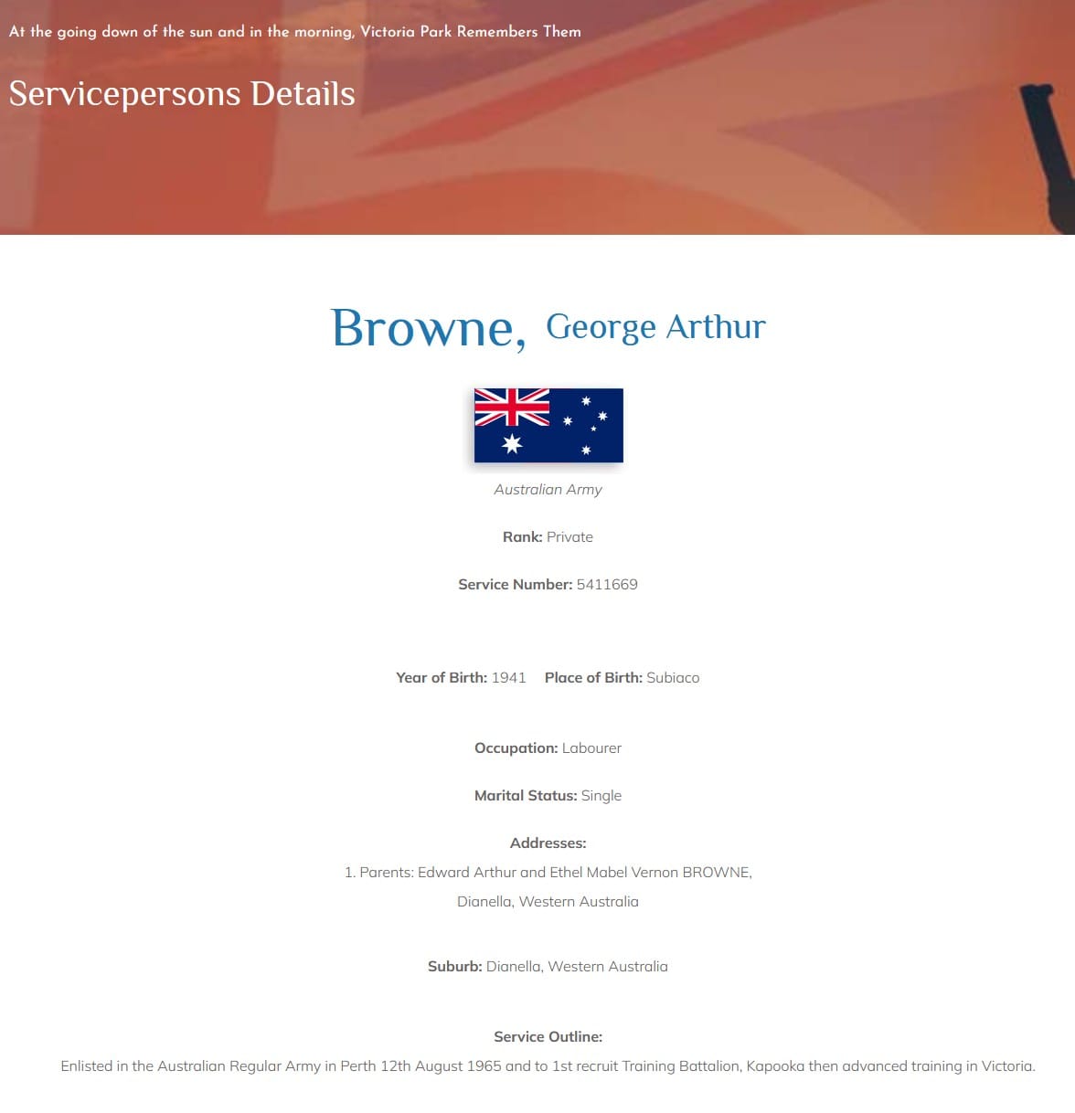 Screenshot of servicepersons display for Victoria Park Remembers Project