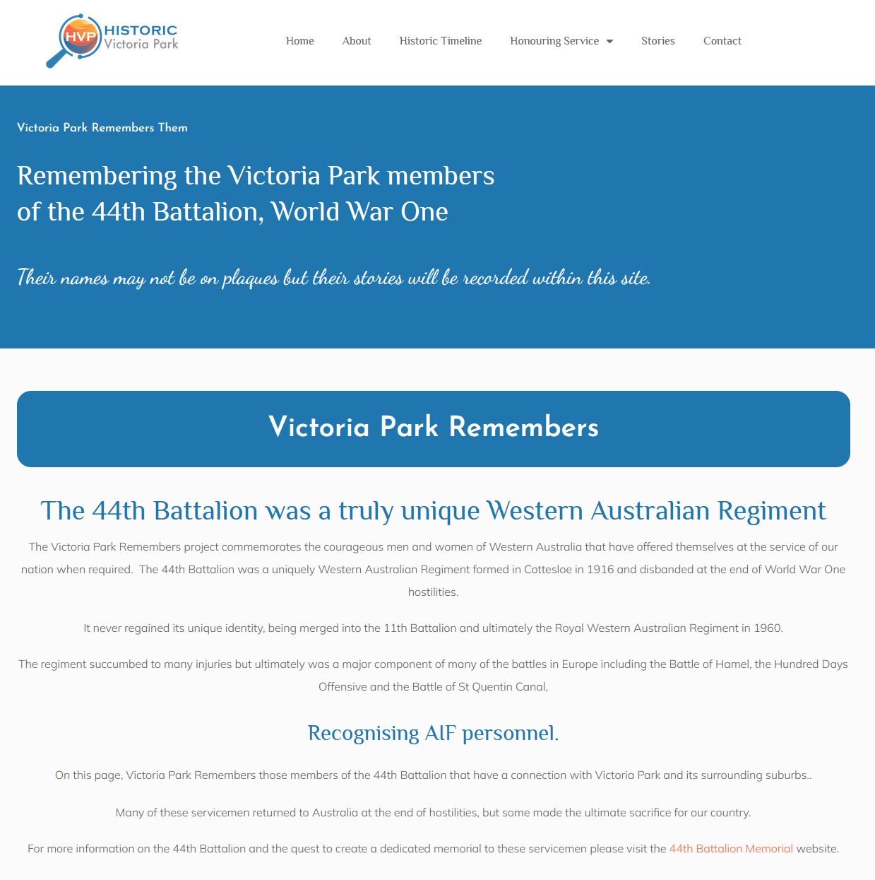 Screenshot of the Historic Victoria Park remembers the 44th Battalion page.