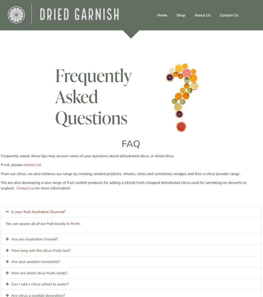Screenshot of the Dried Garnish Co website FAQ page