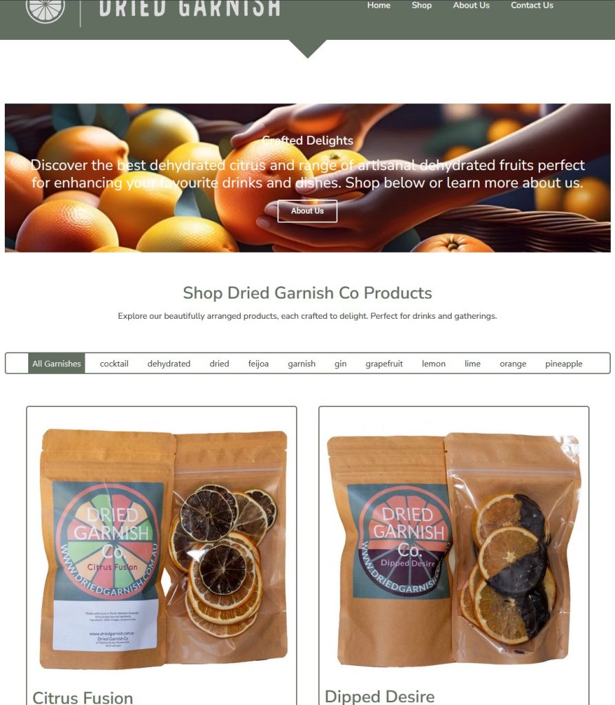 Screenshot of the Dried Garnish Co website shop page