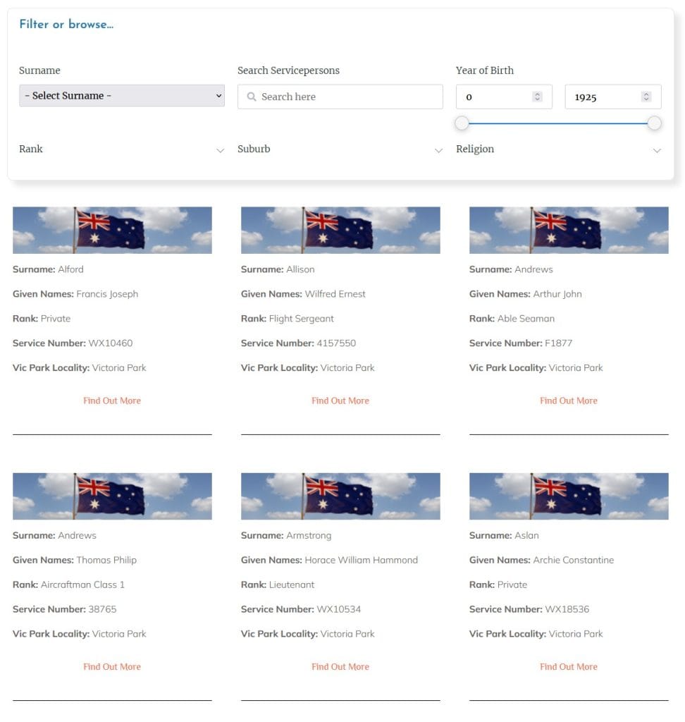 Screenshot of the search listing of local residents remembered at Historic Victoria Park